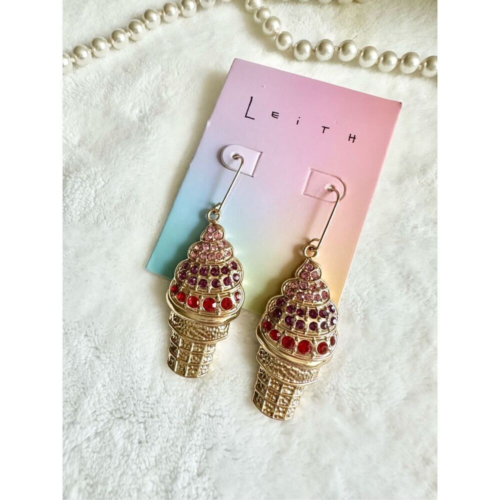 Leith red burgundy and pink rhinestone ice cream cone dangle earrings 
